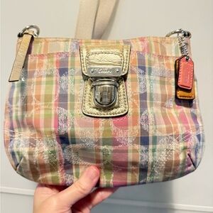 Coach Poppy Madras Plaid Sequined Signature Crossbody Bag.